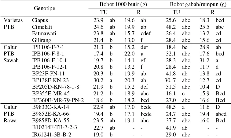 Tabel 4. Bobot 1000 butir dan hasil  tanaman utama dan ratun 18 genotipe padi di rumah kaca, 2008