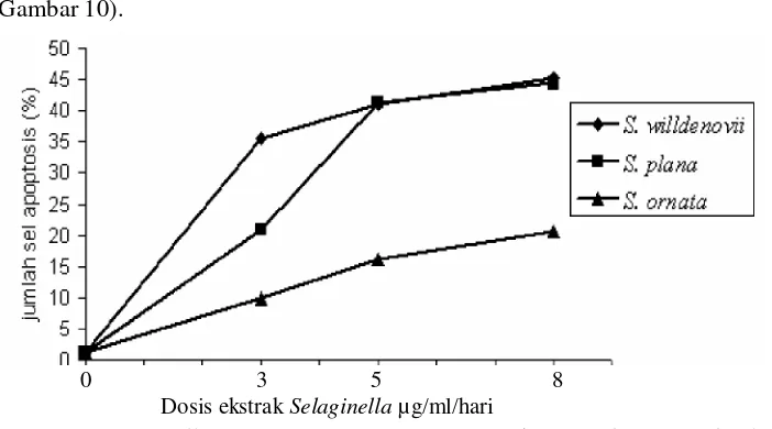 Gambar 10.    Grafik hubungan antara prosentase sel apoptosis dan dosis ekstrak