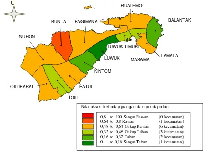 Gambar 4  Peta akses terhadap pangan dan pendapatan Kabupaten Banggai 2005 (FIA 2005) 
