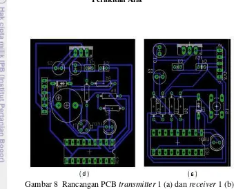 Gambar 9  Prototype transmitter (a), receiver (b), dan PCB transmitter dan 