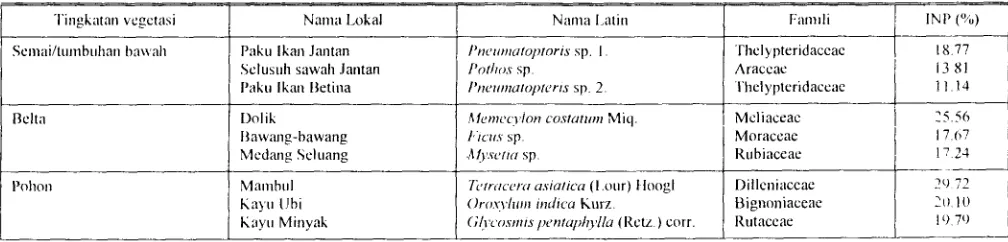 Tabel I .  'I'iga j c n ~ s  tilmbullan yang ~nempunyai INP tertinggi di ltahitat R. lru.s.seltl; Semambu 