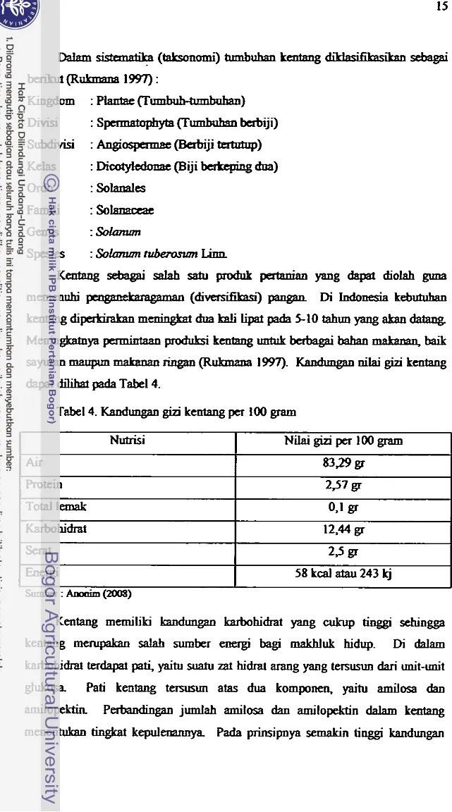 Tabel  4.  Kadmgan  gizi  kentang per  100  gram 