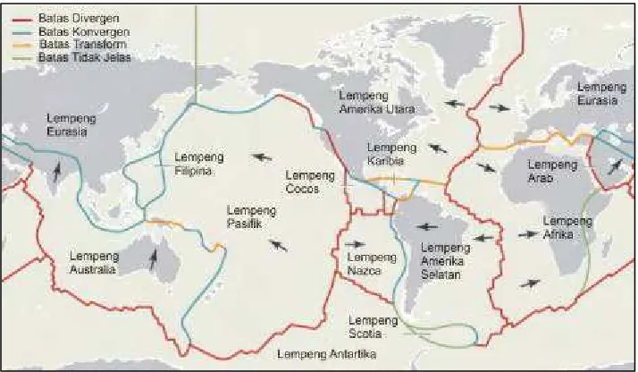 Gambar 1.  Peta sebaran lempeng tektonik dunia   Sumber : Departemen ESDM, 2007 
