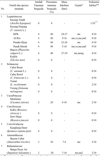 Tabel 1.Respon berbagai tanaman uji terhadap infeksi BCMV isolat Baturiti 