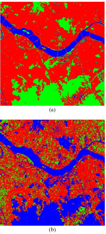 Fig. 5. The segmentation result of Seoul images using (a) pruned CND and (b) spectral feature