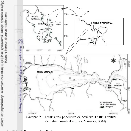 Gambar 2.  Letak zona penelitian di perairan Teluk Kendari 