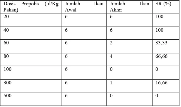 Tabel 5. Derajat kelangsungan hidup induk ikan guppy pada uji lethal dosis dengan propolis(%) 