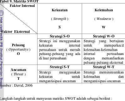 Tabel 9. Matriks SWOT 