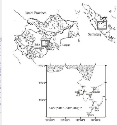 Gambar 1  Peta plot penelitian di Kabupaten Sarolangun, Jambi. Kode plot B4O3 