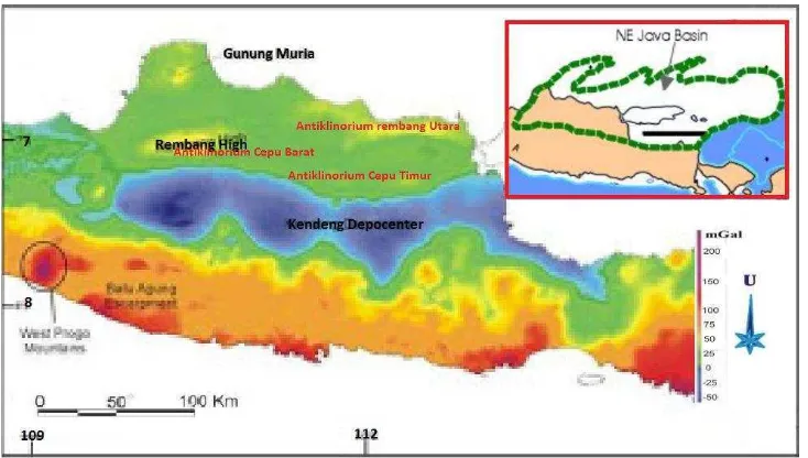 Gambar 1. Peta anomali gayaberat lengkap daerah Jawa Tengah dan Jawa Timur memperlihatkan anomali tinggi Rembang High berada pada Cekungan Jawa Timur Utara (dimodifikasi dari Untung dan Seto, 1978) 