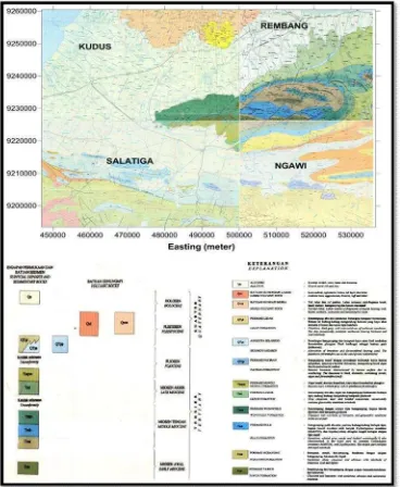 Gambar 3. Geologi daerah penelitian yang terdiri dari lembar geologi Kudus (Suwarti dan Wikarno, 1992), Rembang (Kadar dkk,1993), Salatiga (Sukardi dan Budhitrisna, 1992), dan Ngawi (Datun dkk, 1996) 