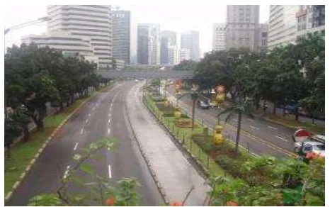 Gambar 3: Jalur hijau median, jalur separator Jalan Jenderal Sudirman dari arah patung Sudirman ke arah Jalan Semanggi 