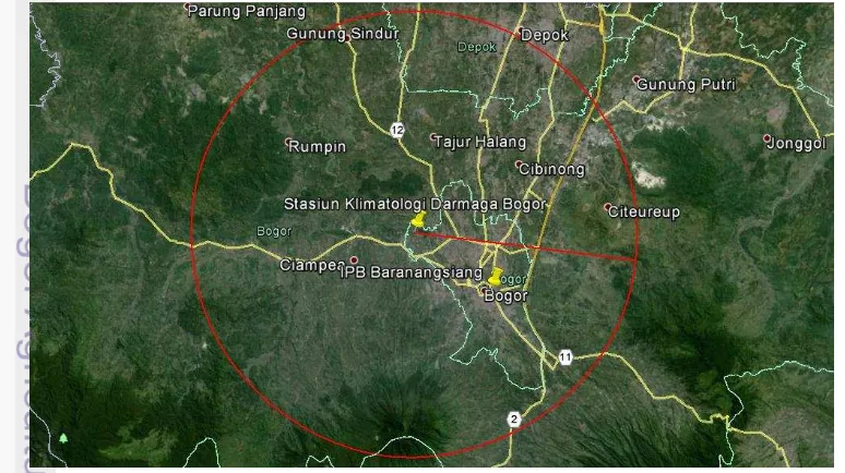 Gambar 1 Radius 20 Km dari Stasiun Klimatologi Darmaga Bogor 