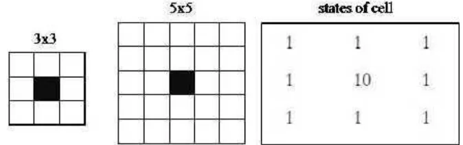 Figure 1 Filter size 3x3; filter size 5x5; states of cell (Eastman 2003)