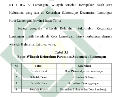 Tabel 3.1 Batas Wilayah Kelurahan Perumnas Sukomulyo Lamongan 