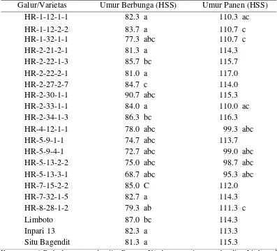 Tabel 4  Rataan umur berbunga dan umur panen galur dihaploid dengan varietas pembanding 