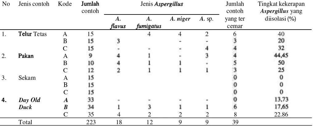 Tabel 3. Hasil pemeriksaan kuantitatif contoh pakan dari penetasan di Desa Selatan yang Mamar Kabupaten HSU Kalimantan positif tercemari kapang Aspergillus spp