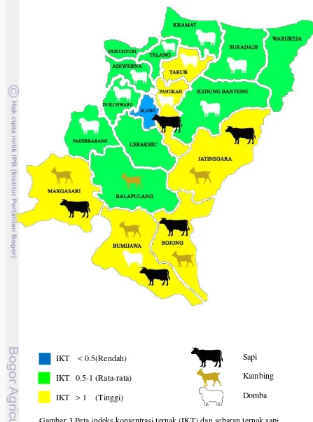 Gambar 3 Peta indeks konsentrasi ternak (IKT) dan sebaran ternak sapi, kambing dan domba 