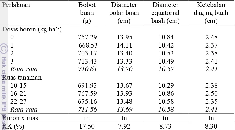 Tabel 2  Pengaruh perlakuan dosis boron dan ruas tanaman terhadap bobot, diameter polar, diameter equatorial, dan ketebalan daging buah 