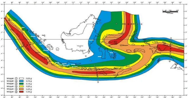 Gambar L1.1Wilayah Gempa Indonesia dengan Percepatan Puncak Batuan Dasar dengan Perioda Ulang 500 Tahun [SNI-1726-2002] 