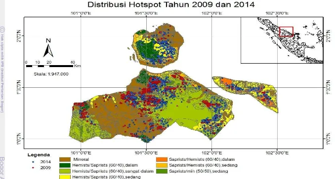 Gambar 8  Peta distribusi hotspot tahun 2009 dan 2014 pada lahan mineral dan gambut di Kabupaten Bengkalis