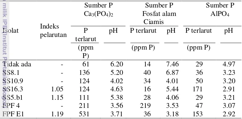 Tabel 3  Pengaruh isolat fungi pelarut fosfat terhadap kelarutan tiga sumber P 