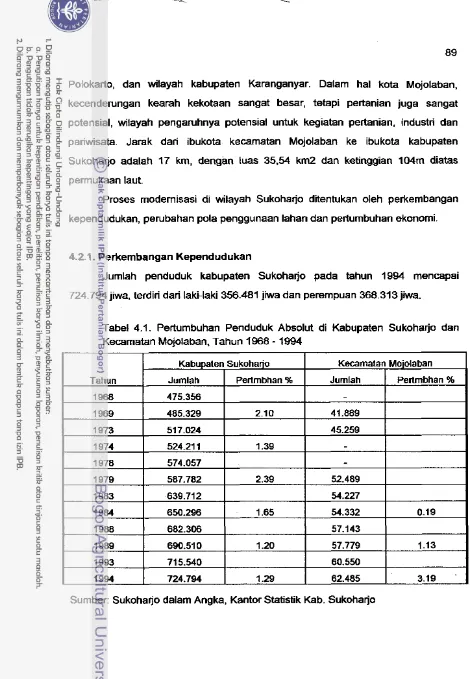 Tabel 4.1. Pertumbuhan Penduduk Absolut di Kabupaten Sukohajo dan - 