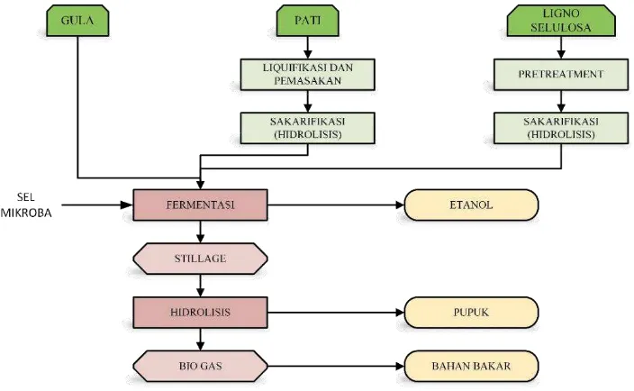 Gambar 2.1. Diagram alir proses pembuatan etanol secara fermentasi dari Gula, Pati dan Lignoselulosa