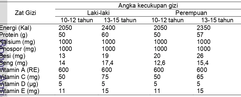 Tabel 3 Angka kecukupan zat gizi (2004) untuk remaja per orang per hari  
