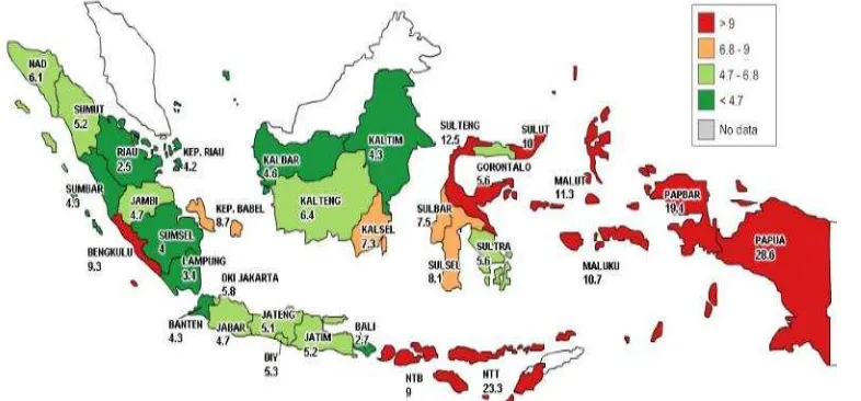 Gambar 2 Peta sebaran prevalensi malaria di Indonesia tahun 2013 