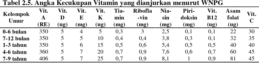 Tabel 2.5. Angka Kecukupan Vitamin yang dianjurkan menurut WNPG 