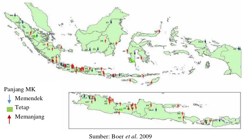 Gambar 3. Perubahan panjang musim kemarau di seluruh Indonesia. 