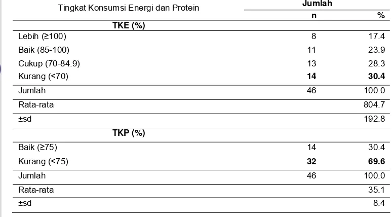 Tabel 13 Sebaran anak balita berdasarkan tingkat konsumsi energi dan protein 