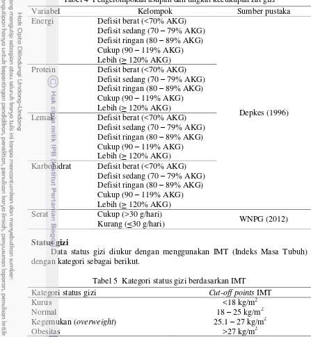 Tabel 4  Pengelompokan asupan dan tingkat kecukupan zat gizi 