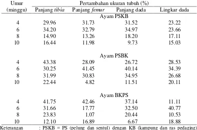 Tabel 6 Pertambahan ukuran tubuh ayam PSKB, PSBK, dan BKPS jantan 