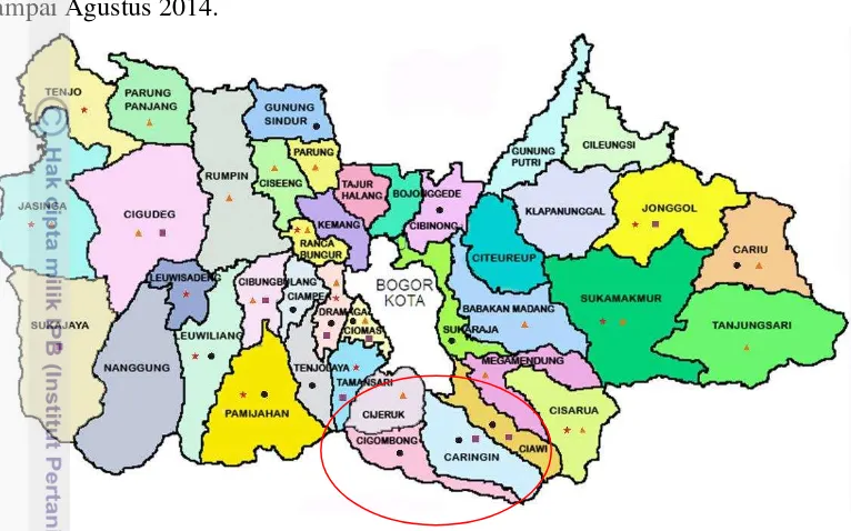 Gambar 5 Peta Kabupaten Bogor dan penetapan lokasi penelitian 
