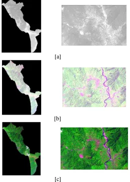 Gambar 3 Citra Landsat 8 komposit 7-5-4: [a] band panchromatic; [b] citra 
