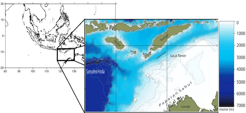 Gambar 1 Batimetri didomain model Laut Timor (Sumber: General Bathymetric Chart of The Oceans (Gebco))  