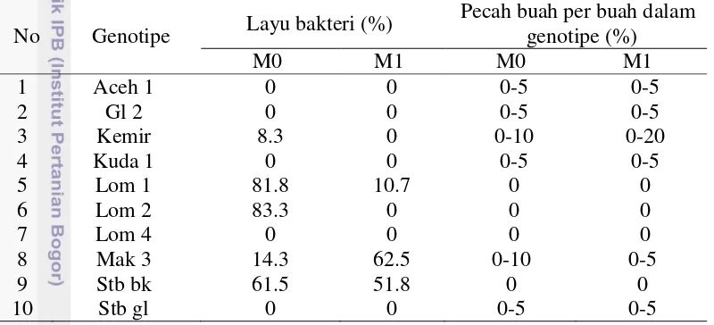Tabel 13  Nilai presentase serangan layu bakteri dan pecah buah pada genotipe 
