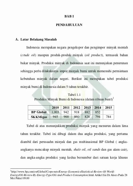 Produksi Minyak Bumi di Indonesia (dalam ribuan barel)Tabel 1.1 1 