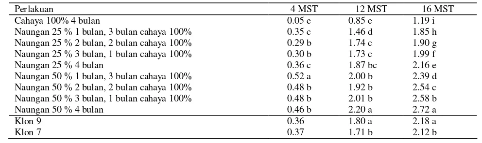 Tabel 1.  Pengaruh periode pencahayaan dan klon daun dewa terhadap ILD umur 4, 12 dan 16 MST