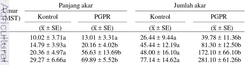 Tabel 3  Pengaruh aplikasi PGPR terhadap panjang dan jumlah akar kacang 