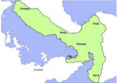 Gambar 1. Peta Lokasi (Kecamatan) Pengukuran Tubuh Sampel Kerbau Penelitian di Kabupaten Dompu  