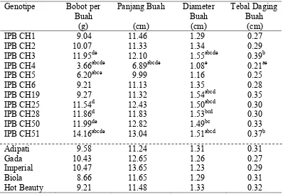 Tabel 7. Nilai Rataan Bobot per Buah, Panjang Buah, Diameter Buah dan Tebal Daging Buah Hibrida yang Dievaluasi dan Varietas Pembanding 