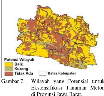 Tabel 14. Luas wilayah yang potensial untuk pengembangan tanaman melon di tiap-tiap kabupaten di Provinsi Jawa Barat