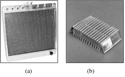 Figure 2.2: A flat-tube and louvered fin heat exchanger: a) Heat exchanger, b) Louvered 