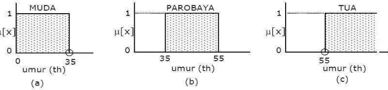 Gambar 2.1 Himpunan: MUDA, PAROBAYA, dan TUA (Kusumadewi, Sri. 2003)  
