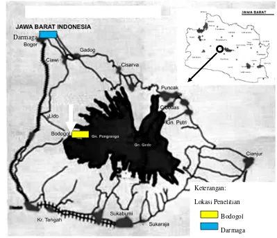 Gambar 3 Peta lokasi penelitian di Stasiun Penelitian Bodogol dan IPB Darmaga. 