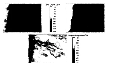 Figure 5. Maps of soil depth on a complex topography: a) derived from membership maps and b) from the conventional soil map