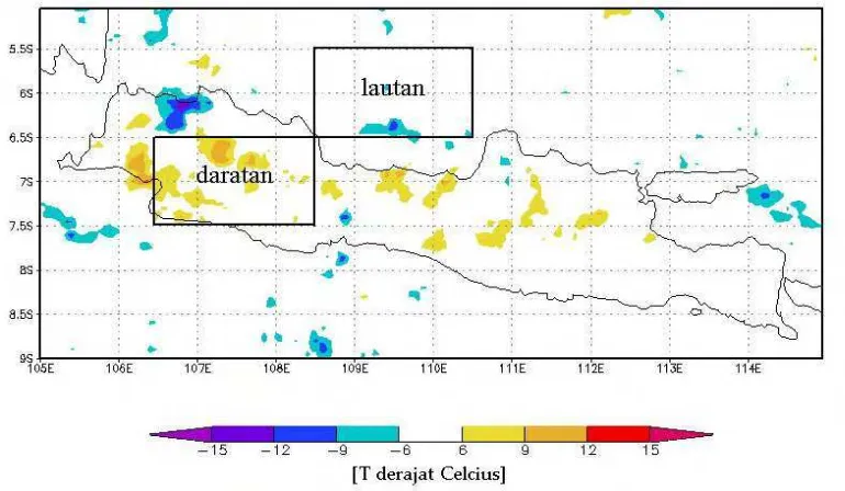 Gambar 17  Wilayah daratan dan lautan yang digunakan untuk membandingkan nilai gradien TBB pada saat hujan konvektif rata-rata tahunan